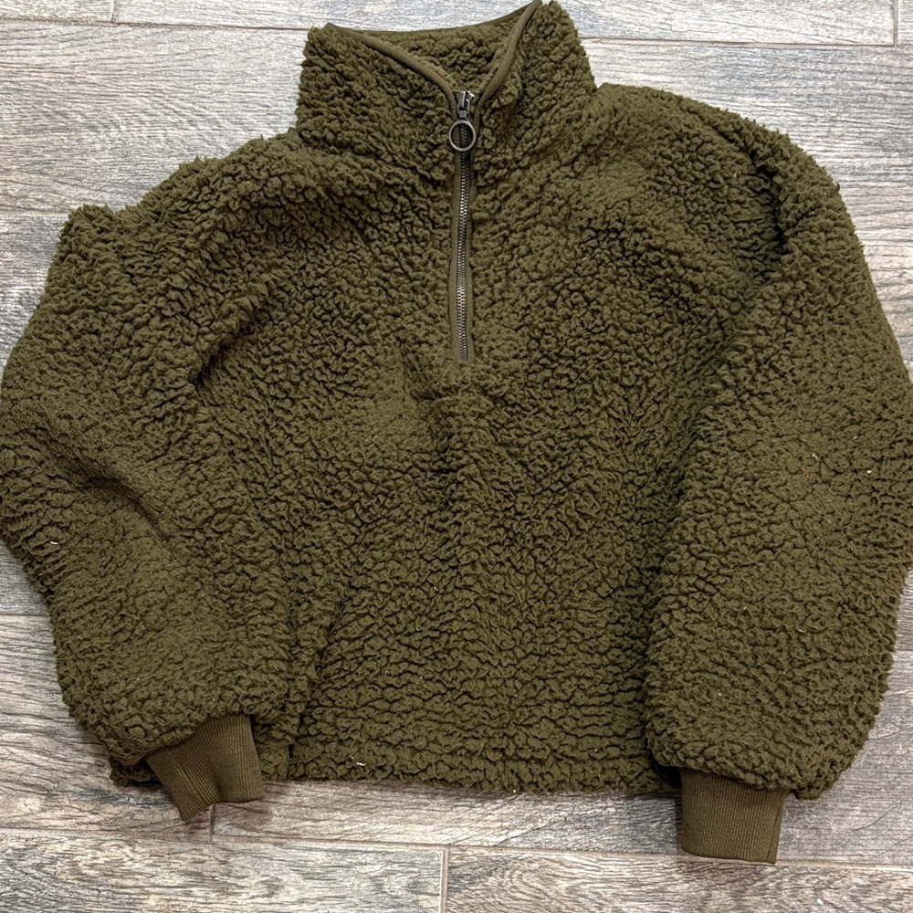 Thread & Supply Olive Sherpa Zip Sweater Size Small
